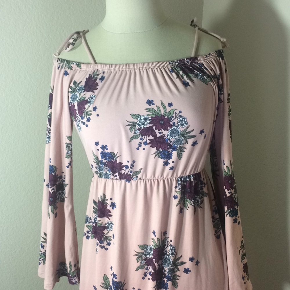 BoHo Bell Sleeve Pink Floral Mid Size Dress 70s